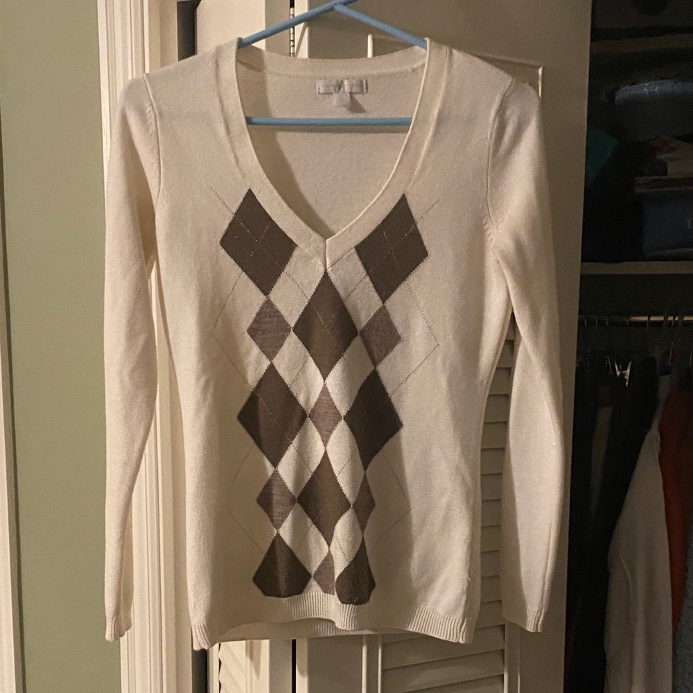 New York & Company Cream and Brown V-Neck Sweater XS
